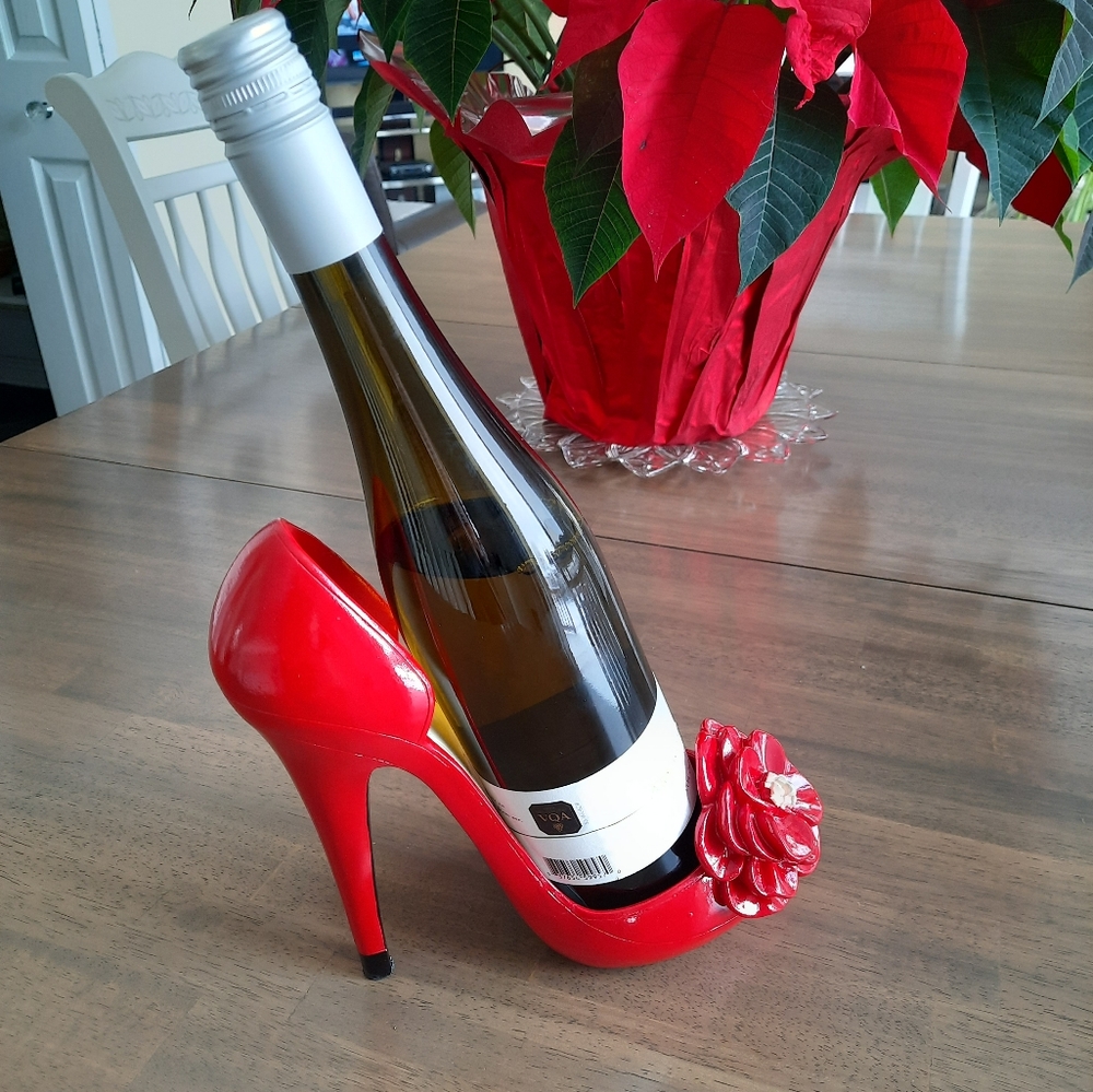 Red High Heel Wine Bottle Holder with Decorative Flower Accent